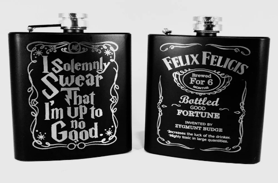 FelixAndSolemnlySwear - Engraved Stainless Steel "Felix  Felicis Liquid Luck" and “Solemnly Swear” Harry Potter Inspired Flask Set